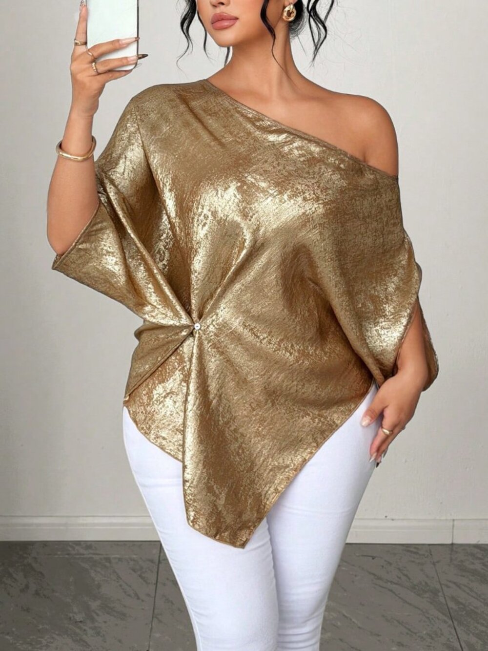 Gold Casual Plus size Women's Regular Fit Asymmetrical Batwing Jacquard Top